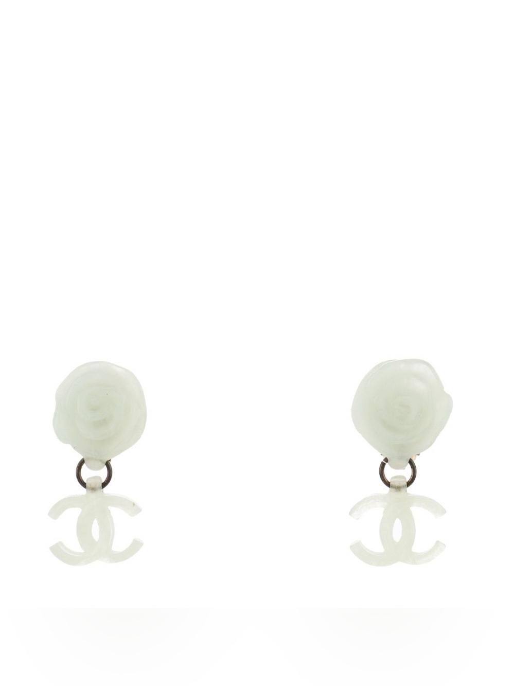 Vintage CHANEL PVC Camellia Drop Clip-on Earrings with CC Charm